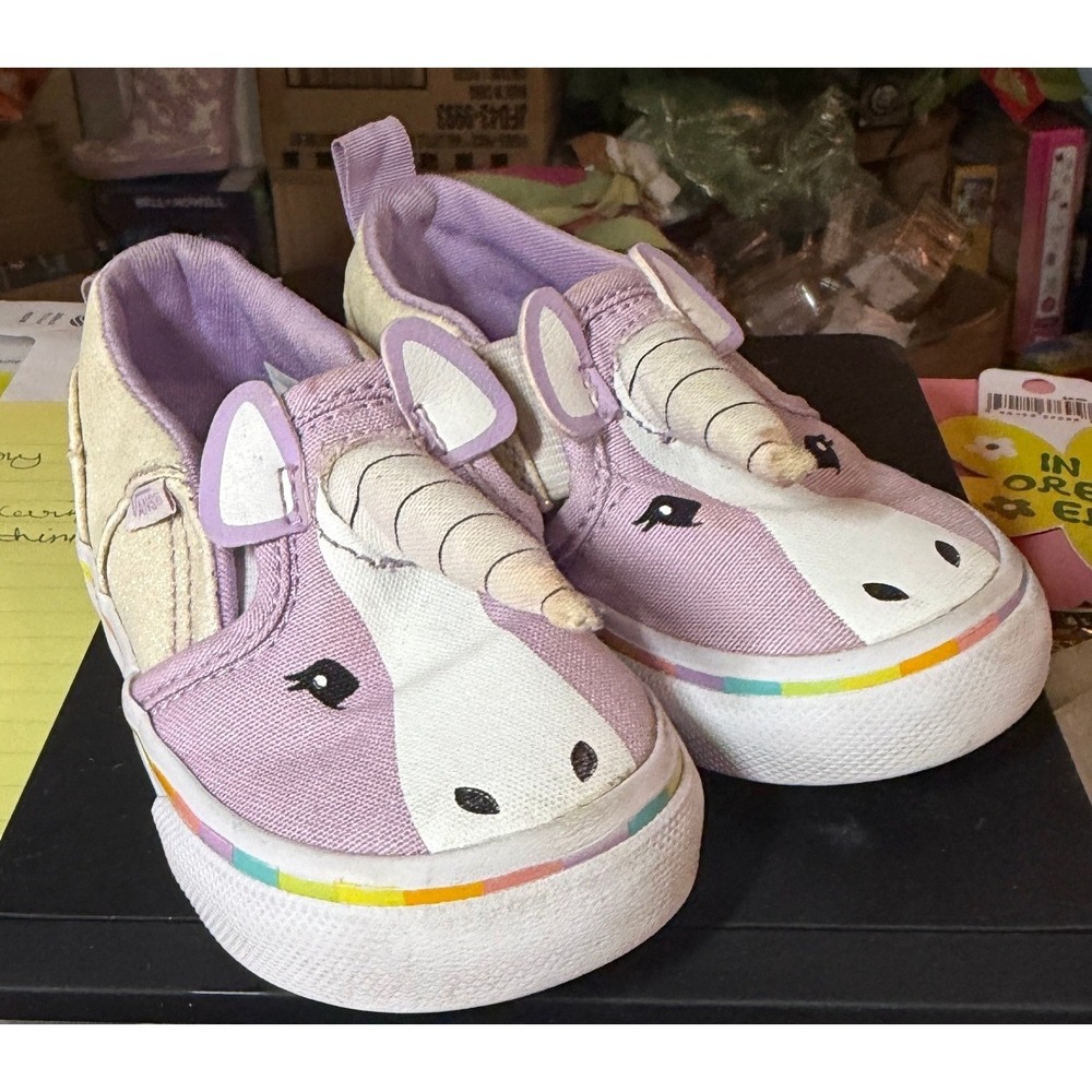 Vans- Toddler White & Purple Sparkle Unicorn Slip-On Sneakers Size 4